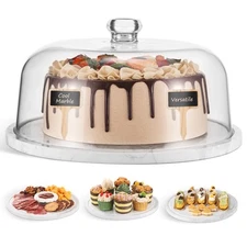 Marble Cake Stand with Dome，11.8in White Marble Dessert Stand with Acrylic Li...