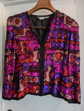 Laurence Kazar Sequin Jacket M Silk Mosaic Geometric Beaded Colorblock Vintage