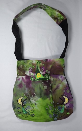 Handmade Women's Halloween Embroidered Denim Green Purple Shoulder Tote Bag - Picture 2 of 7