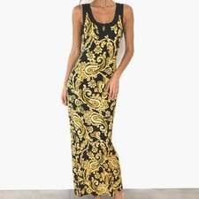 Black Gold Paisley Maxi Dress Size Medium Sleeveless Keyhole Long Dress