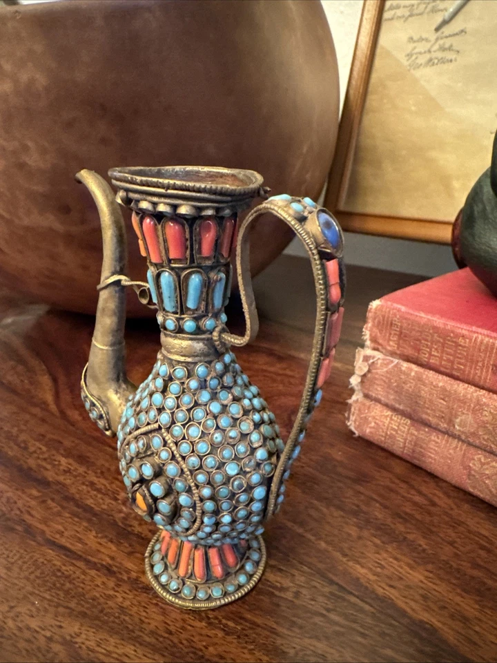 antique early 19th century handmade Tibetan coral turquoise bronze pitcher pot - Image 2 of 4