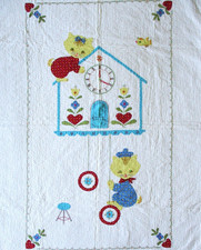 Vintage Crib Quilt Cat Kitten Nursery Blanket 1940's Applique Embroidery Quilt