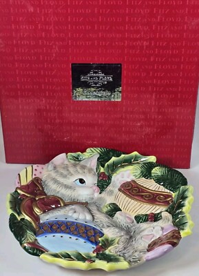 Fitz and Floyd Kristmas Kitty Canape Plate Christmas Cat 3D Ceramic 9'' Boxed