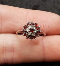 Old Vintage Sterling 925 Silver Red & Clear Stone Cluster Ring. UK Size L 1/2