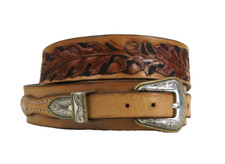 1997 Leather Western Belt  Silver Brass Buckle Acorns  Leaves fits 34" to 37"