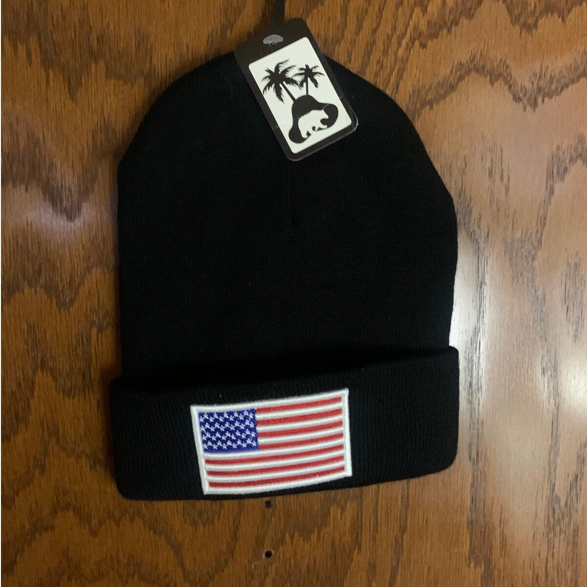 Black Knitted Flag Beanie with Patriotic Design-image