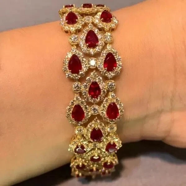 31 ctw Pear Cut Created Ruby & Diamond 14K Yellow Gold Plated Statement Bracelet - Image 4 of 4