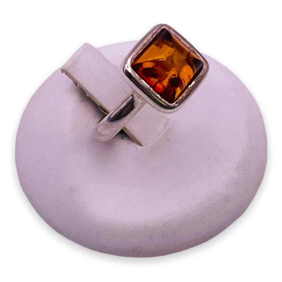 Anillo cuadrado de plata de ley 925 vintage ámbar báltico natural talla 6 Foto 3 de 4