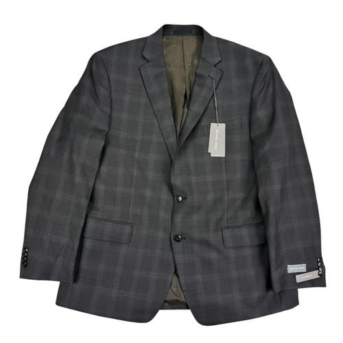 Michael Kors Mens Classic Fit Plaid Stretch Wool Suit Jacket Charcoal Brown 44R