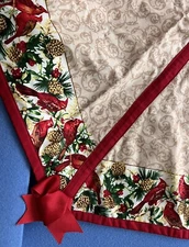 Vintage Hand Made Red Cardinal Pinecone Christmas Tree Skirt Large Hexagon 56"
