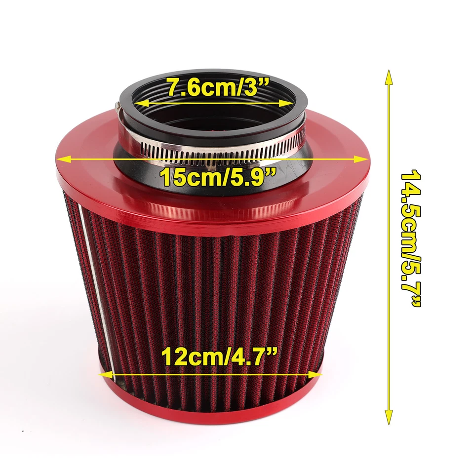 Filtro seco de repuesto de cono de admisión de aire frío de alto flujo de alto rendimiento ROJO 3" Foto 3 de 4