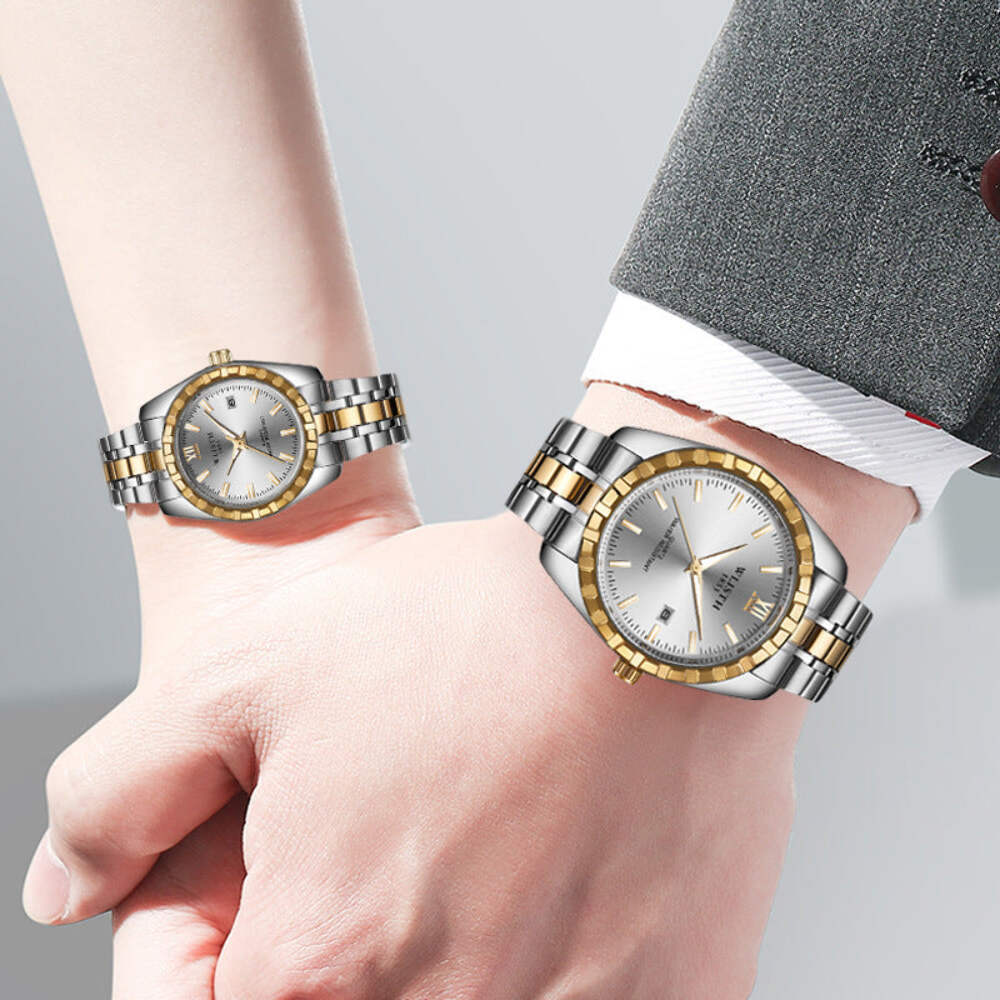 Luminous Couple's Steel Band Quartz Watch with Calendar and 30M Waterproof