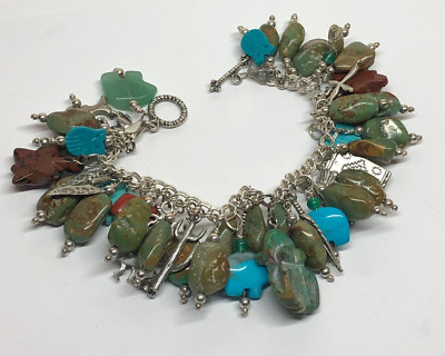 Vintage Amerikanische Ureinwohner Sterling OOAK Türkis geladen Bettelarmband 7'' [114GRA]