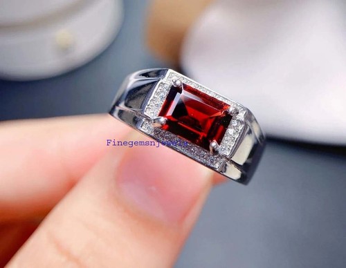 Natural Garnet & CZ Gemstones with 925 Sterling Silver Ring For Men's #9930 - Picture 2 of 4