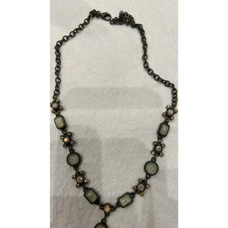 JS4 Avon Necklace Earring Set Opalescent Moonstone Lariat Brass Tone  - Image 3 of 4