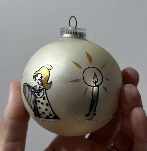 VINTAGE Austria Round Glass Glitter Choir Angel CHRISTMAS ORNAMENT Handpainted