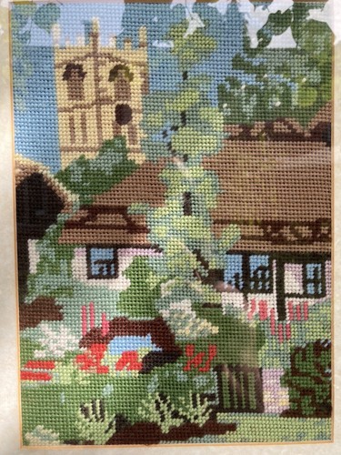 Completed Needlepoint Church Country Village Scene Tapestry Cottage Framed - Picture 3 of 6