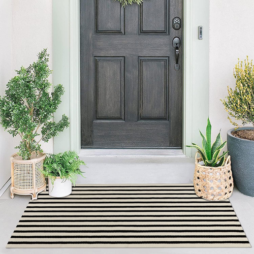 Black and Beige Front Door Mat Outdoor Cotton Handwoven Farmhouse Layered Door M - Picture 11 of 12