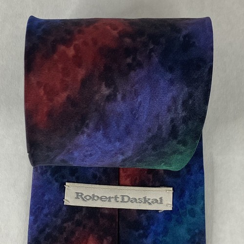 Corbata Firmada Robert Daskal Multicolor Azul Rojo Púrpura Verde 100% Seda Pintada a Mano - Imagen 3 de 7