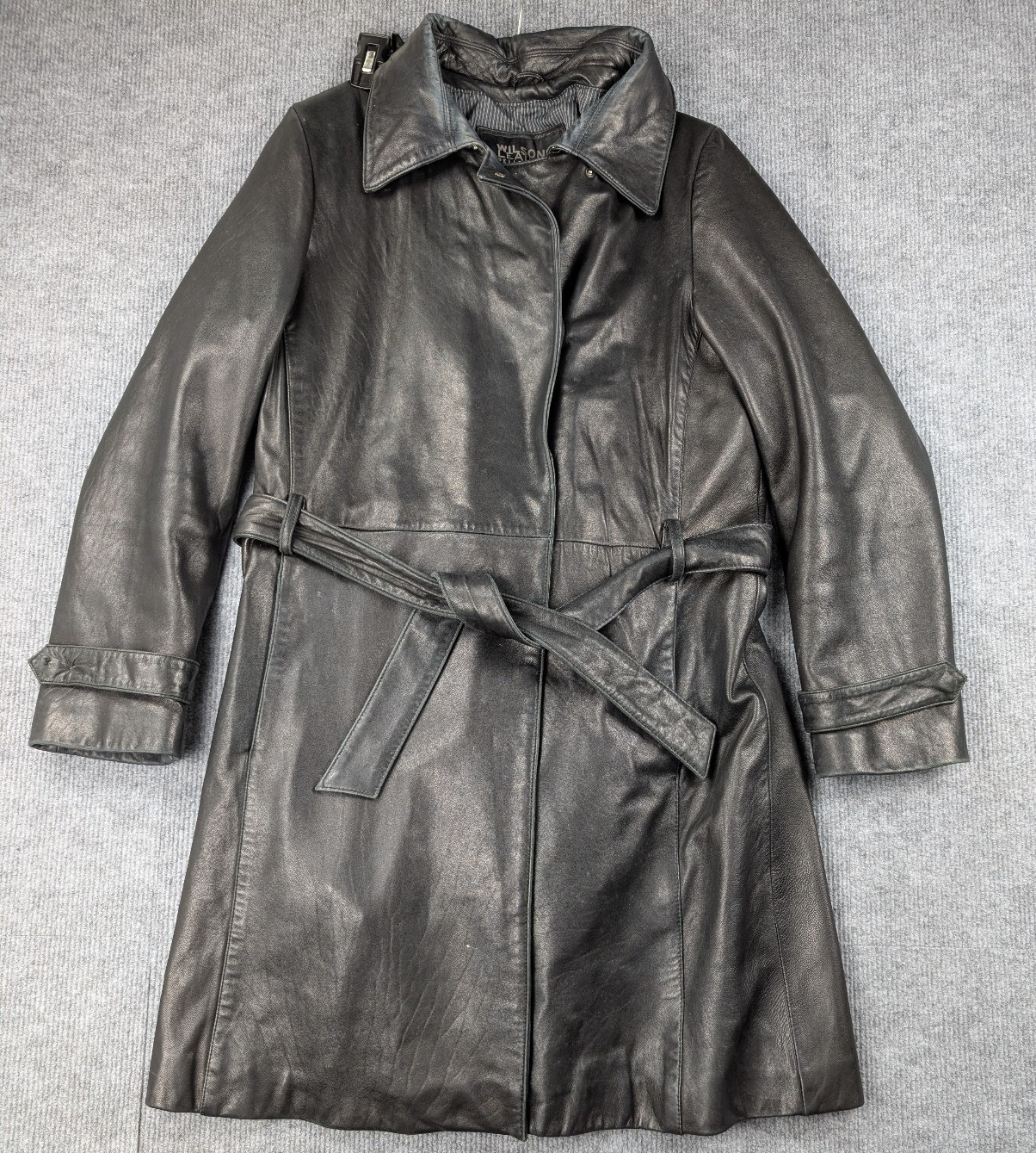 Wilsons Leather Trench Coat Womens Large Vintage Black Sleek Waist Tie Belt 90s