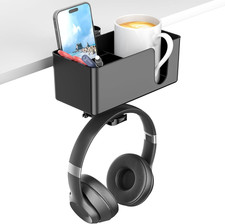 4 in 1 Under Desk Cup Holder with Rotating Headphone Hanger Black