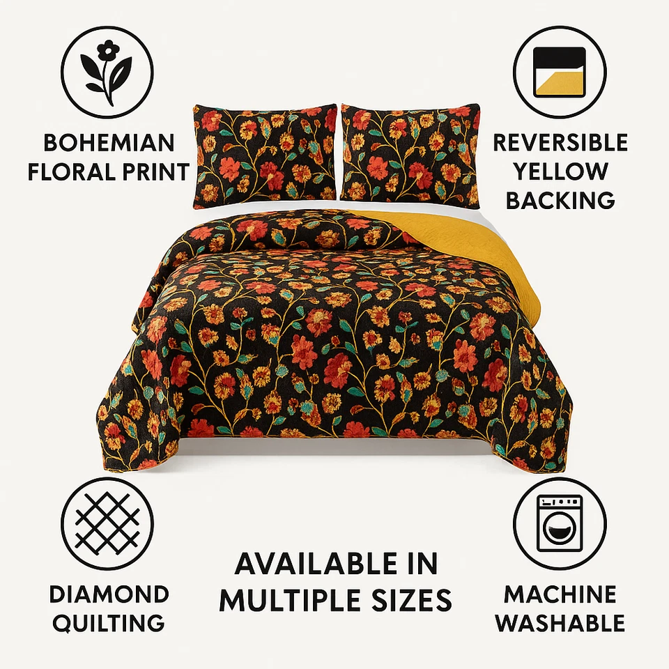 Juego de colcha acolchada DaDa ropa de cama bohemia floral jardín amarillo miel marrón Foto 4 de 4