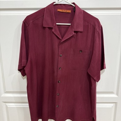 Axis La Men's Short Sleeve Shirt Button Down, 100% Silk, Size M, Burgundy Red 