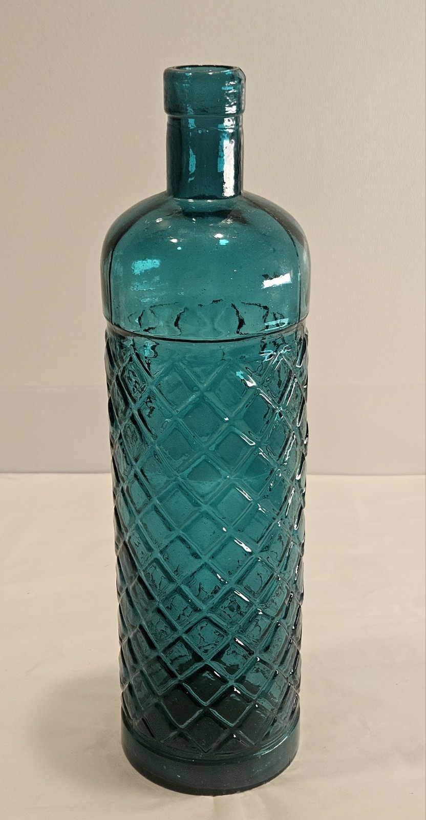 Tall Teal Turquoise Embossed Glass Bottle Vase Diamond Patte