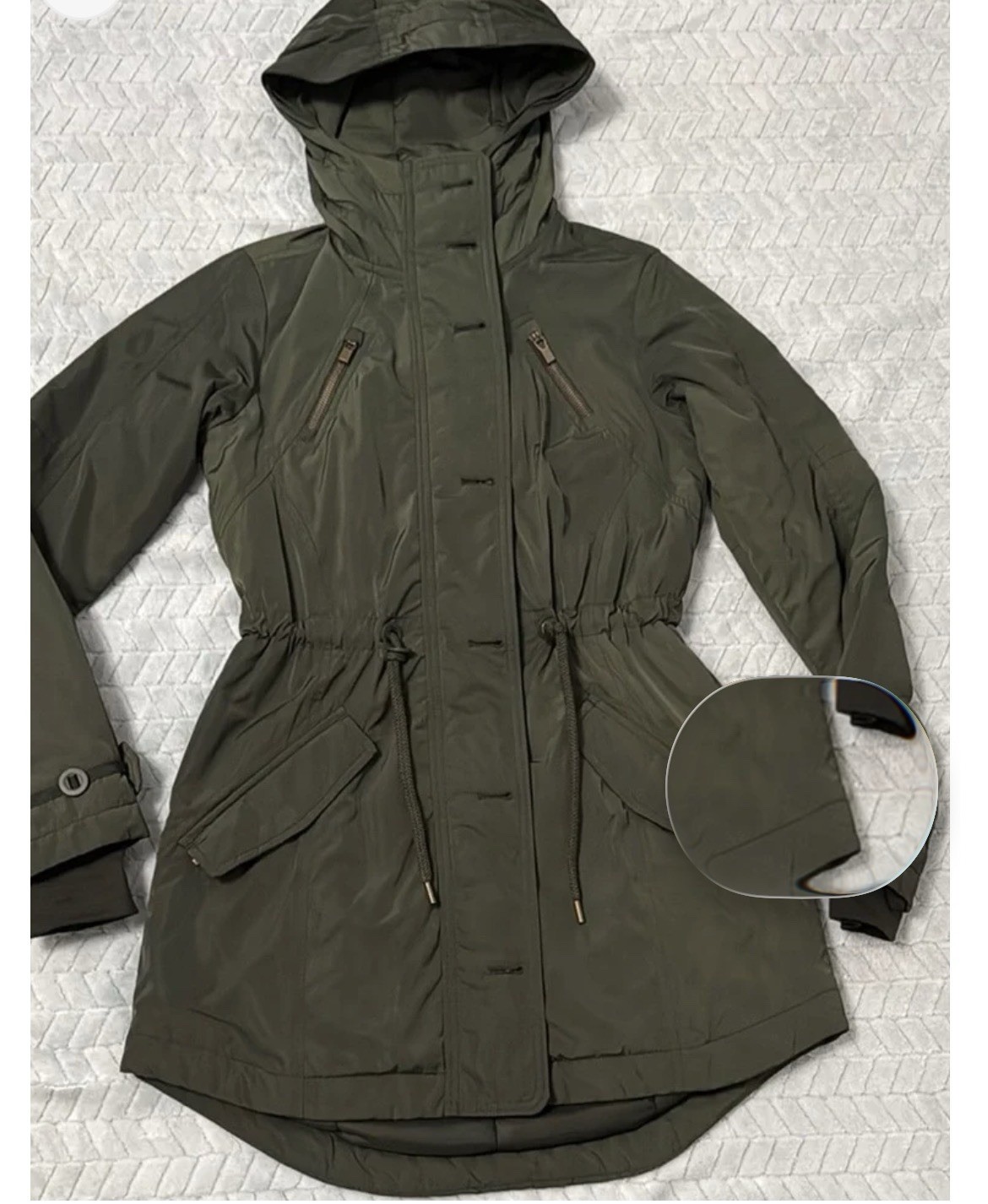Athleta Olive Hooded Parka Jacket Zip Button Closure Drawstring Waist  Medium