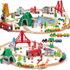 112-Piece Wooden Train Set for Toddlers, Compatible with Brio Thomas, Double-S
