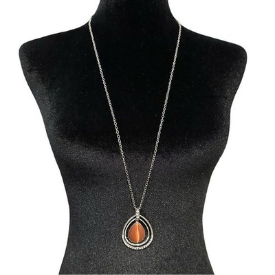 Paparazzi Glow and Tell Necklace Silver Tone Rhinestone Orange Cats Eye Women