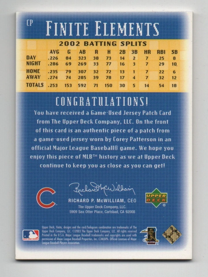 2003 Upper Deck 有限元素布贴 #4/10 科里·帕特森 #CP GU 布贴 — 第 2/2 张图片