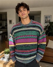 Vintage Colorful Multicolor Patterned Men's Crewneck Sweater New