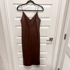 Fashion Nova XL Brown Vegan Leather Slip Dress Back Slit Spaghetti Strap NWT