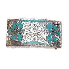 80's Vintage Mexican sterling silver chip inlay turquoise belt buckle