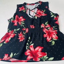 GUESS Women's Size M Black Floral W/ Vibrant Flower Sleeveless V-Neck Top