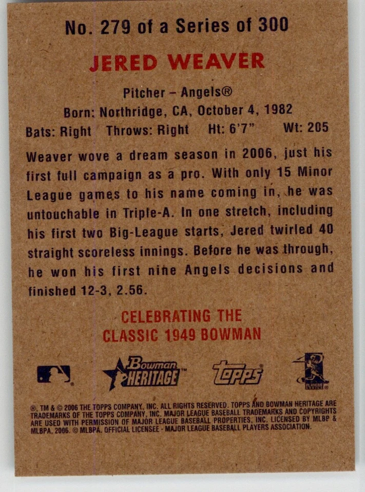 Jered Weaver 2006 Bowman Heritage 279 Los Angeles Angels Rookie - Image 2 of 2