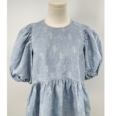 Hunter Bell Harlow Blue Linen Chambray Puff Sleeve Top Ikat Ruffle Blouse L