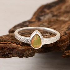 Teardrop Ethiopian Opal Ring in Sterling Silver Textured Band Romantic Gift Her