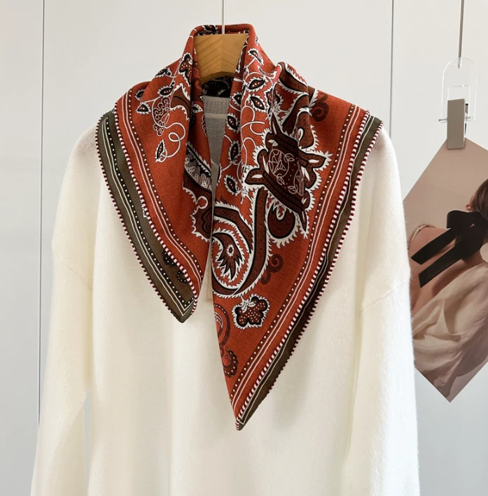 70% Cashmere 30% Silk Shawl Bandana Scarf 26'' Neckerchief Red totem Print Wrap