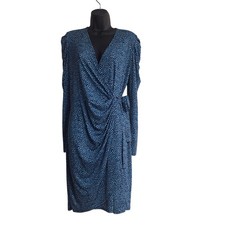 Lark & Ro Womens Teal Blue Micro Dot Faux Wrap Long Sleeve Dress Size M