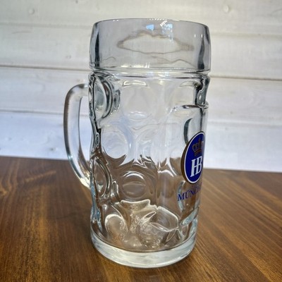 HB Hofbrauhaus Munchen Dimpled Glass Beer Stein/Mug 0.5 Liter Blue Logo 6-1/4''