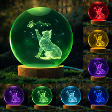 Real Glass Engraved Crystal Ball Light Cat Gift RGB Colours Animal Nightlight