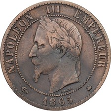 [#639636] France, Napoleon III, 10 Centimes, 1865, Paris, Bronze, VF, Gadoury:25