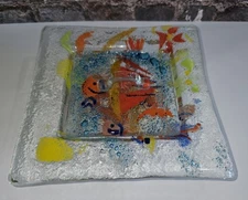 Handblown Art Glass Trinket Dish With Lid 6.5" Square 1.5" Tall