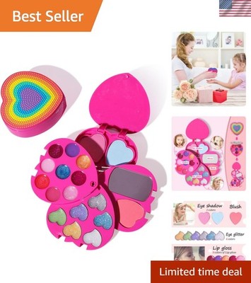 Heart-Shaped Kids Makeup Kit - 4-Layer Rotating Eyeshadow & Lip Gloss Set
