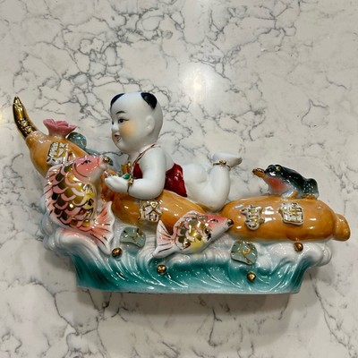 Vintage Chinese Famille Rose Pocelain Baby Boy Riding Koi Fish Tong Zi