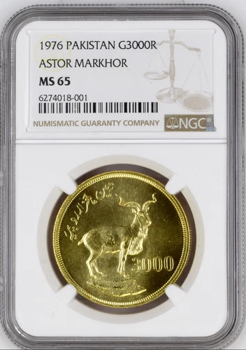Pakistan 1976 Gold Coin 3000 Rupees Astor Markhor NGC MS65 Mintage-902