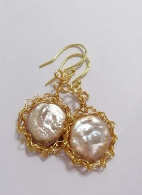 24 ct gold 925 Sterling silver Cultured Freshwater Coin Pearl earrings 595 - Image 1 of 4