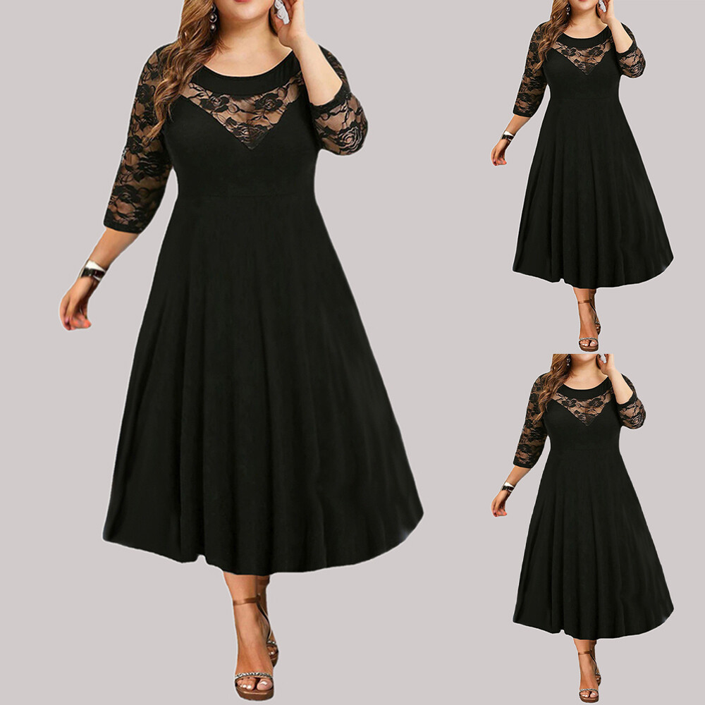 Plus Size Womens Lace 3/4 Sleeve Midi Dress Ladies Cocktail Party Swing  Dress US - ADJOVAN.COM